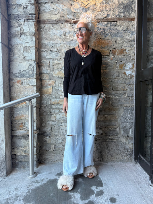 100% Slub Cotton V neck Long Sleeve Top- Black