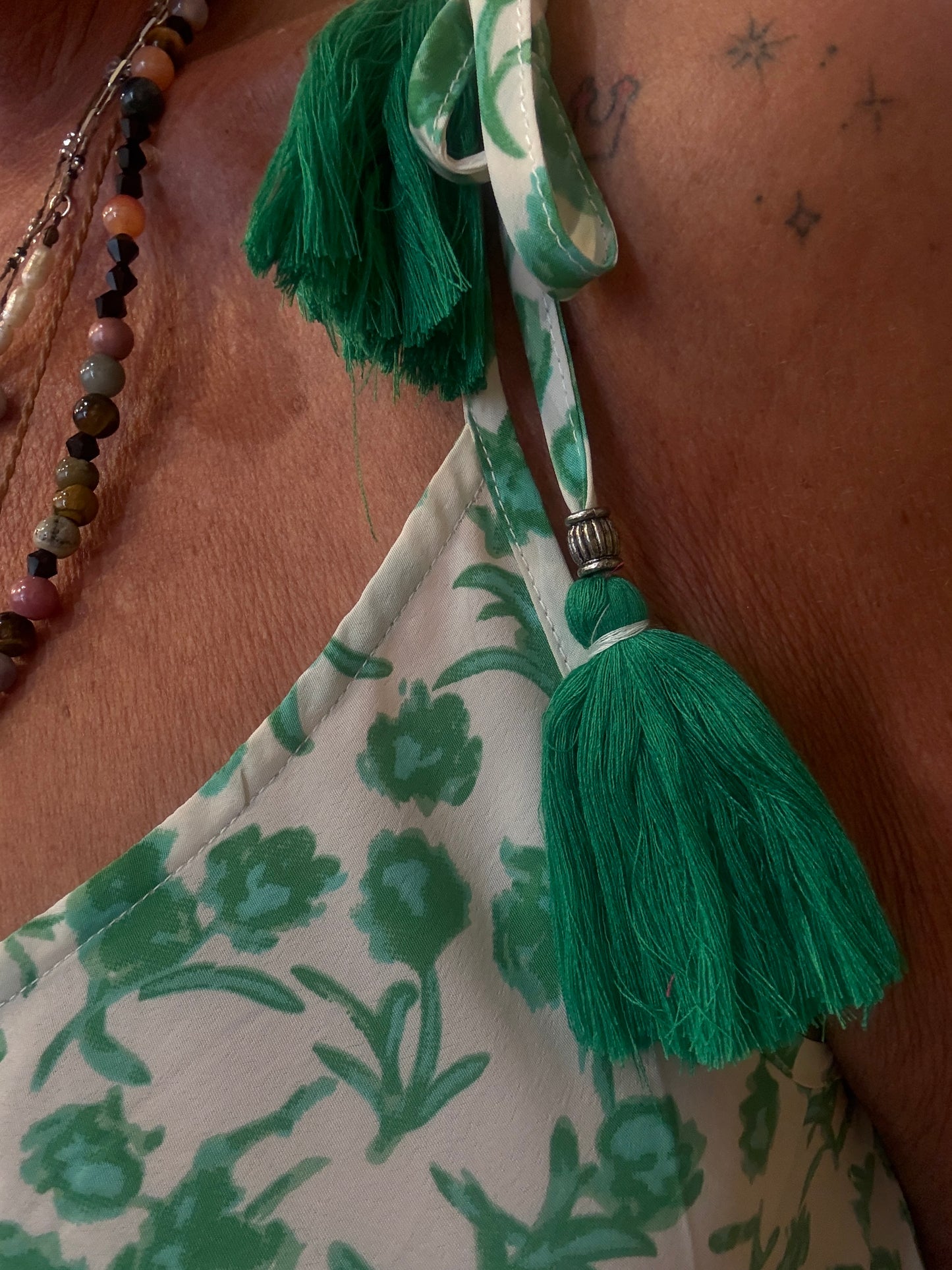 Silky Spaghetti Strap V-Neck Maxi Dress -GREEN & WHITE
