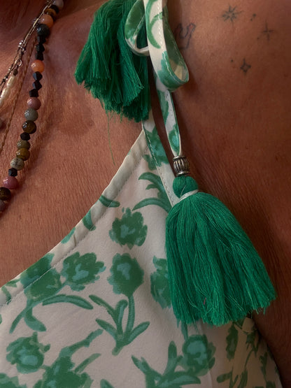 Silky Spaghetti Strap V-Neck Maxi Dress -GREEN & WHITE