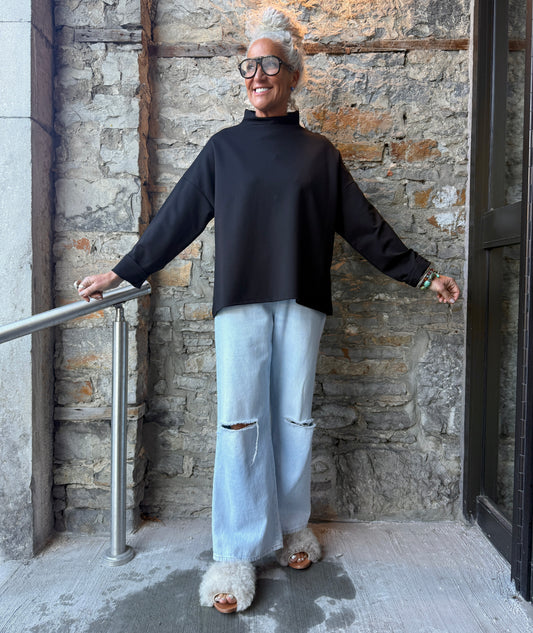 Relaxed Fit Black Sweatshirt with Funnel Neck