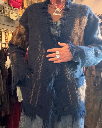 Fringed Knit Cardigan with Animal Print  - NAVY BROWN TAN