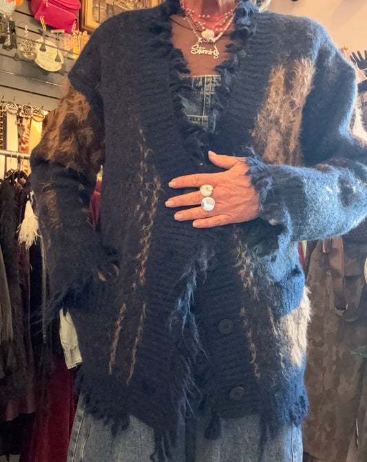 Fringed Knit Cardigan with Animal Print  - NAVY BROWN TAN