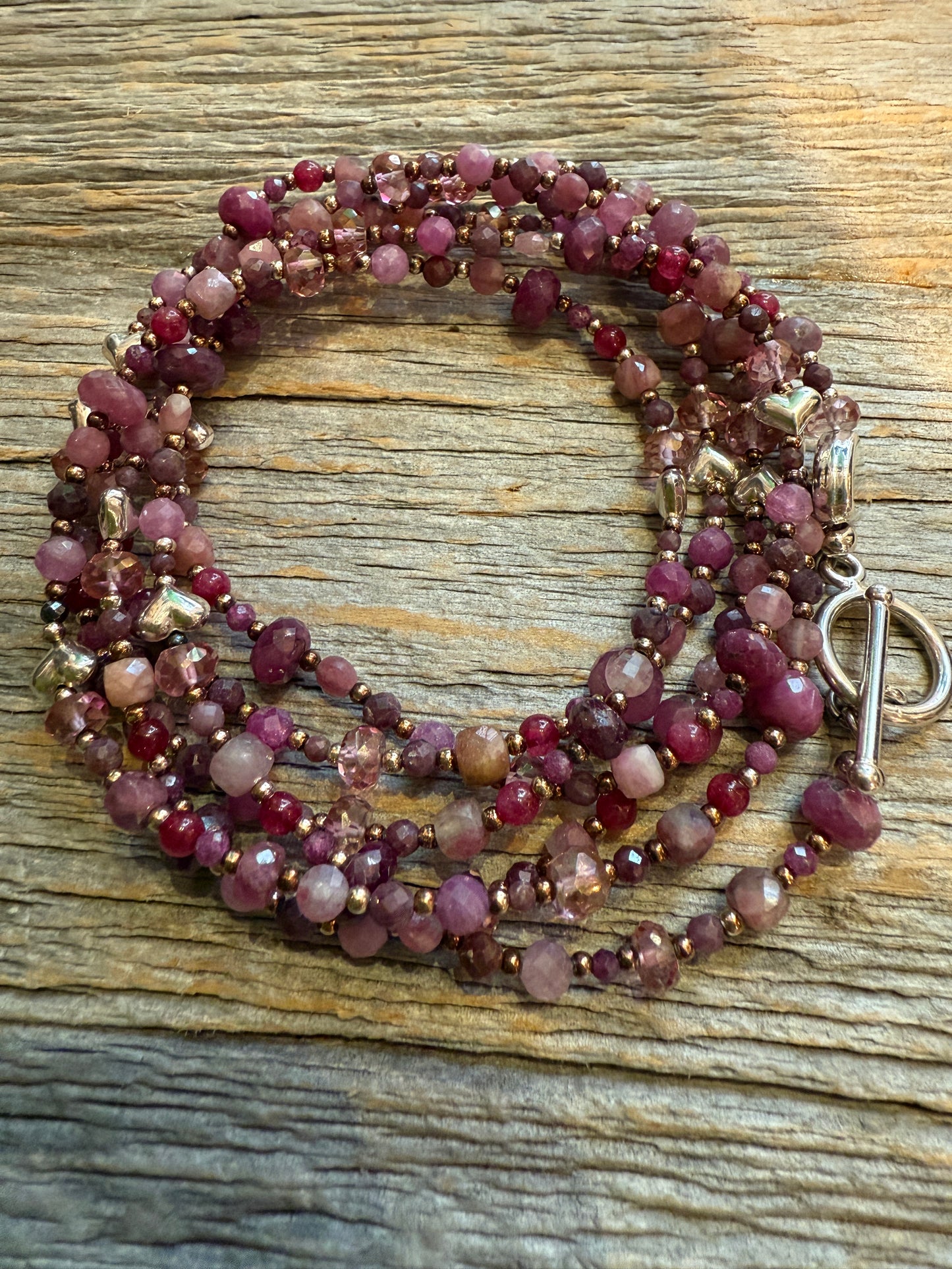 25" long semi precious sterling silver necklace- pink burgundy with hearts