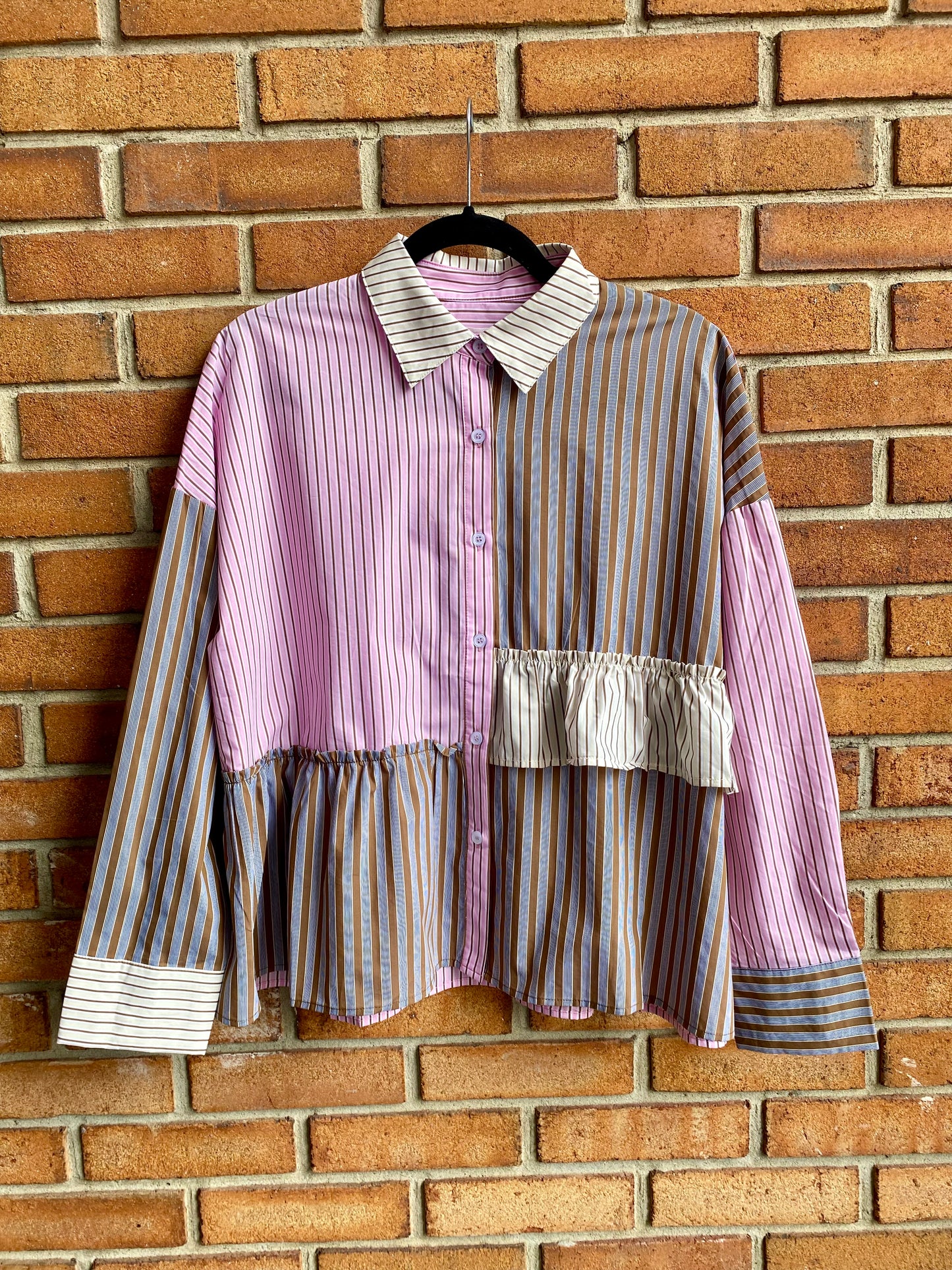 Multi Stripe Cotton Shirt with Ruffle - PINK MIX