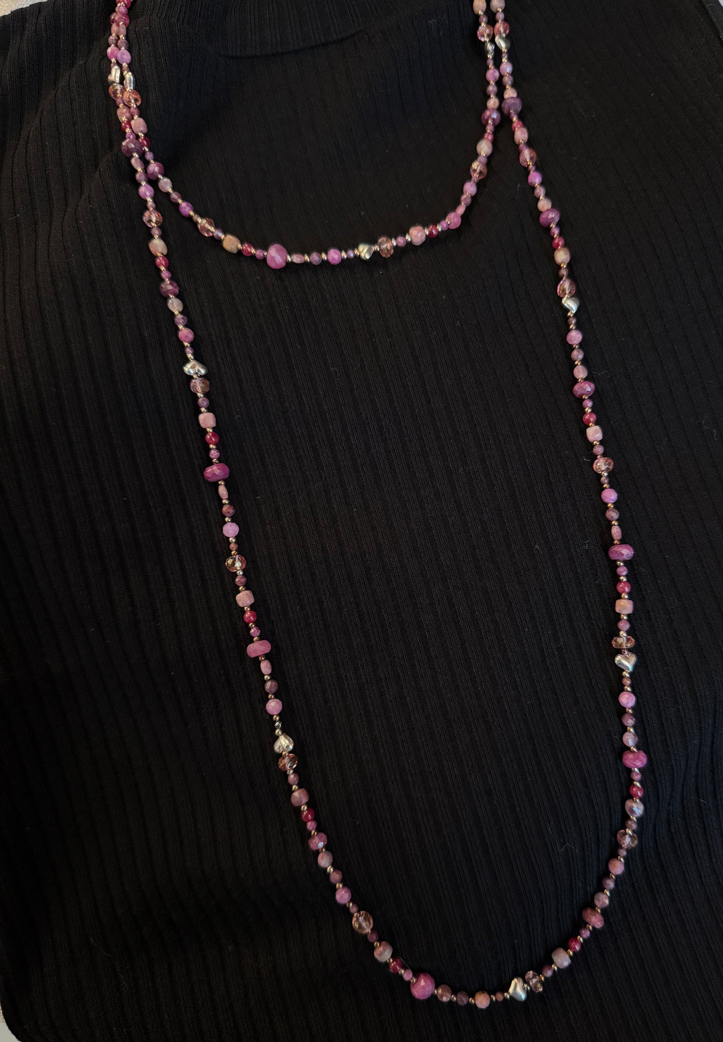 25" long semi precious sterling silver necklace- pink burgundy with hearts