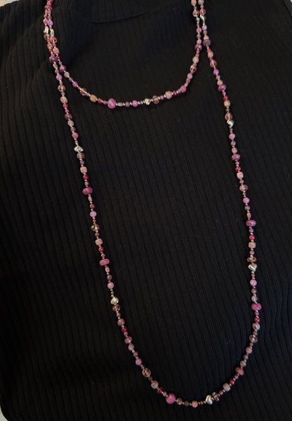 25" long semi precious sterling silver necklace- pink burgundy with hearts