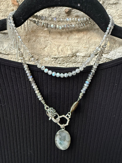 Long Semi Precious Labradorite Sterling Silver Necklace Lariat - Made in Canada