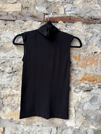 Sleeveless  Seamless Ribbed Mock Neck Black Top-ONE SIZE