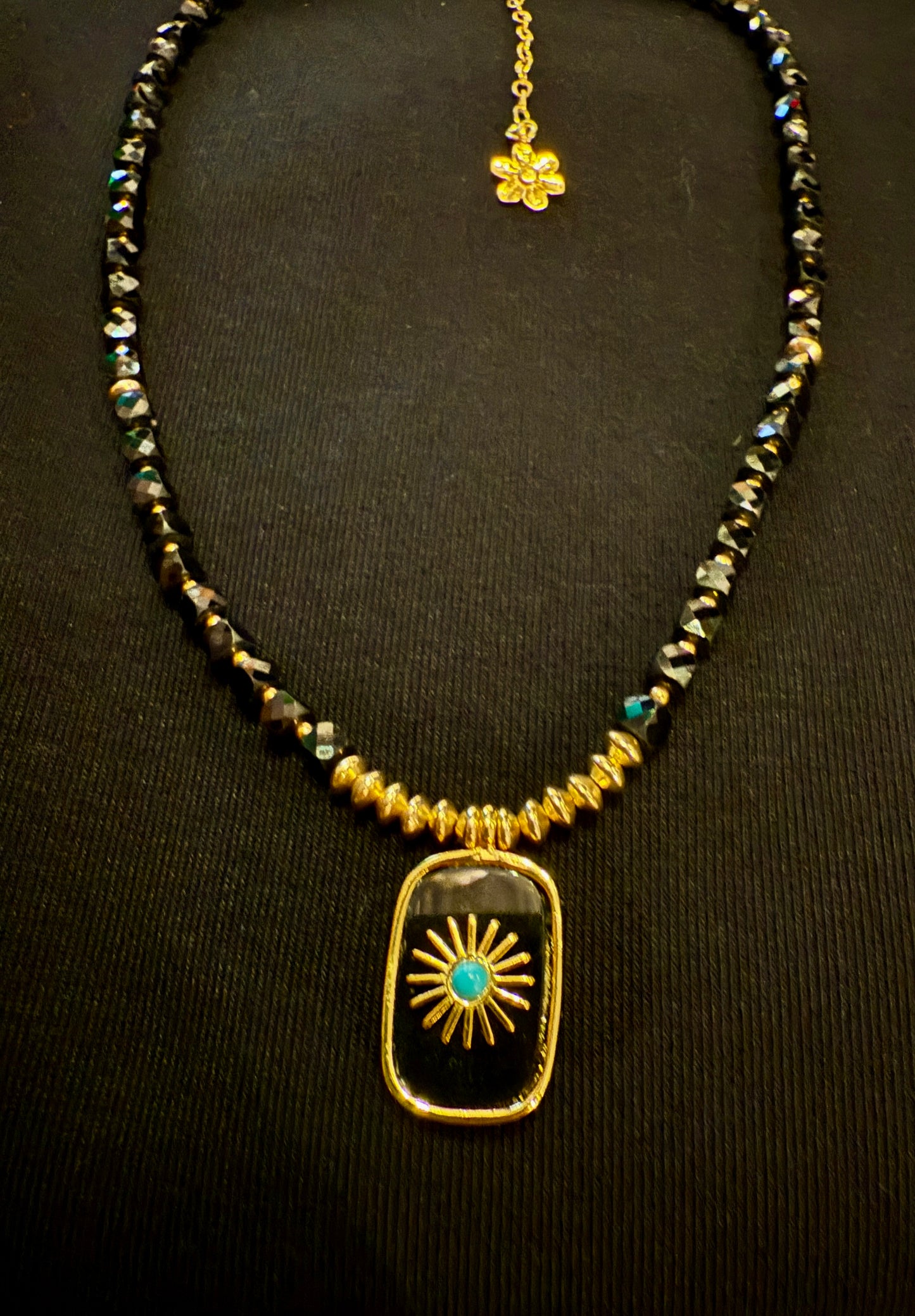 16" Black Onyx Beads Gold pendant drop with turquoise