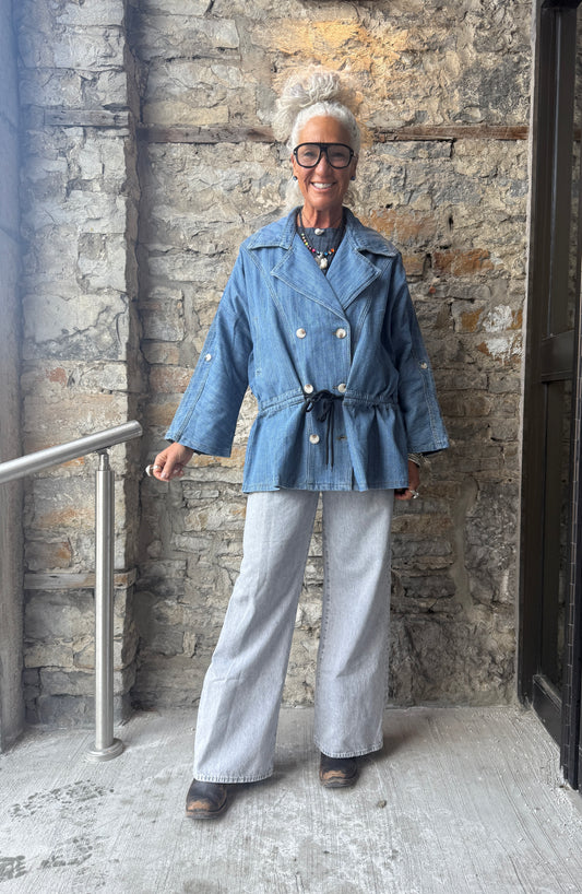 Light Wash Denim Car Coat Jacket with Draw String Waist