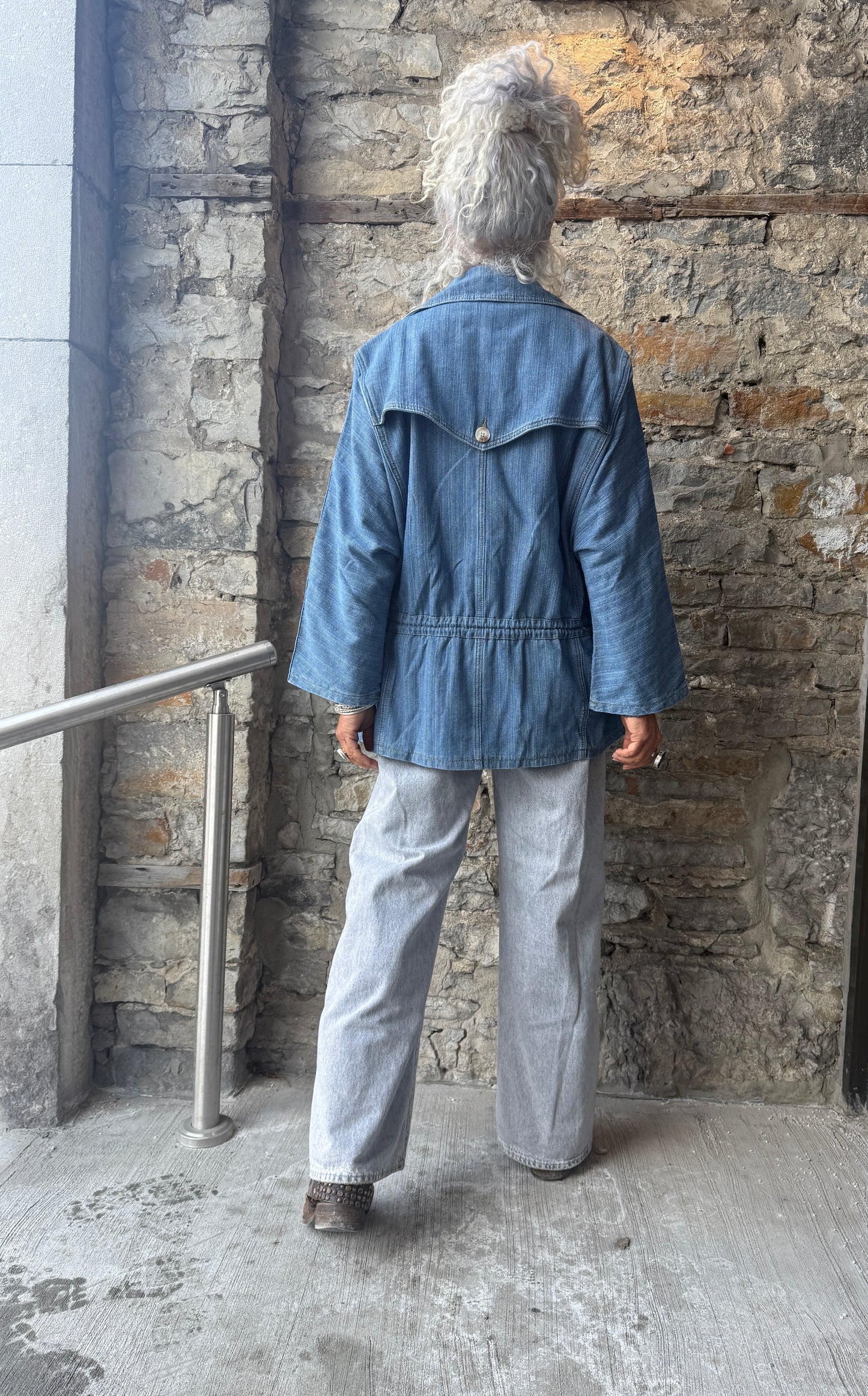 Light Wash Denim Car Coat Jacket with Draw String Waist