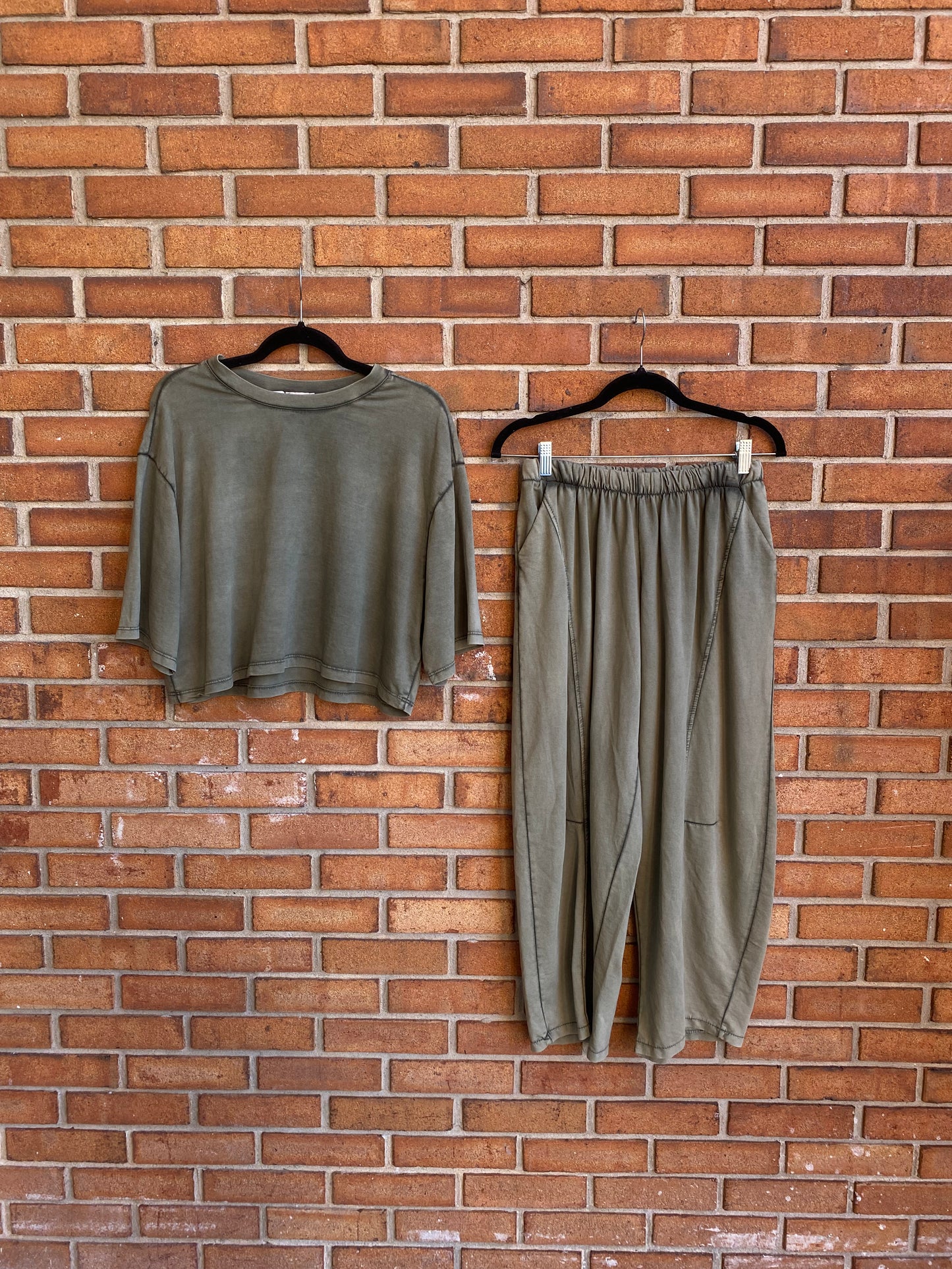 Mineral Wash Cotton 2 PC Top and Barrel Pant SET - GREEN