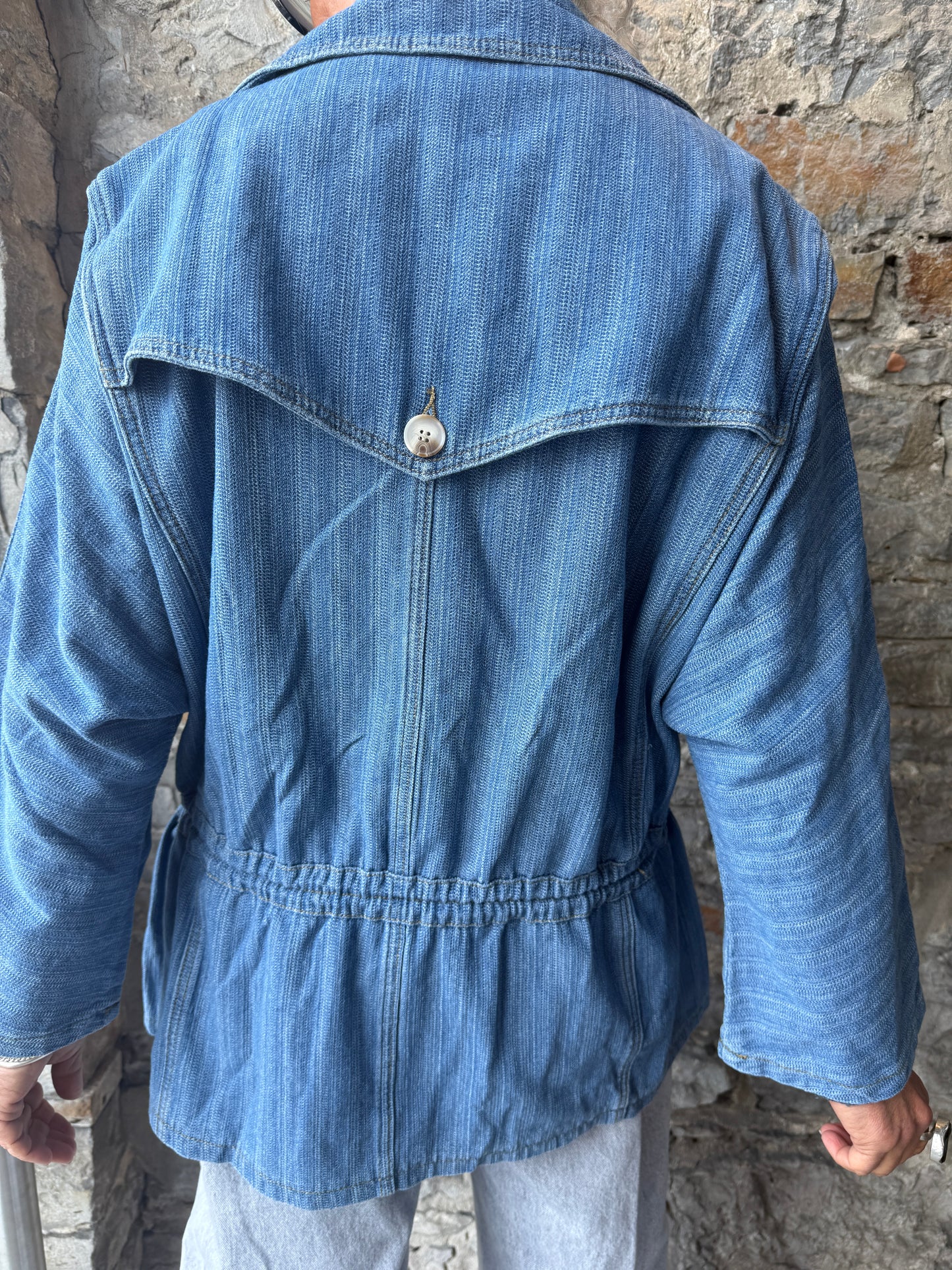 Light Wash Denim Car Coat Jacket with Draw String Waist