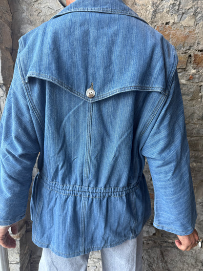 Light Wash Denim Car Coat Jacket with Draw String Waist