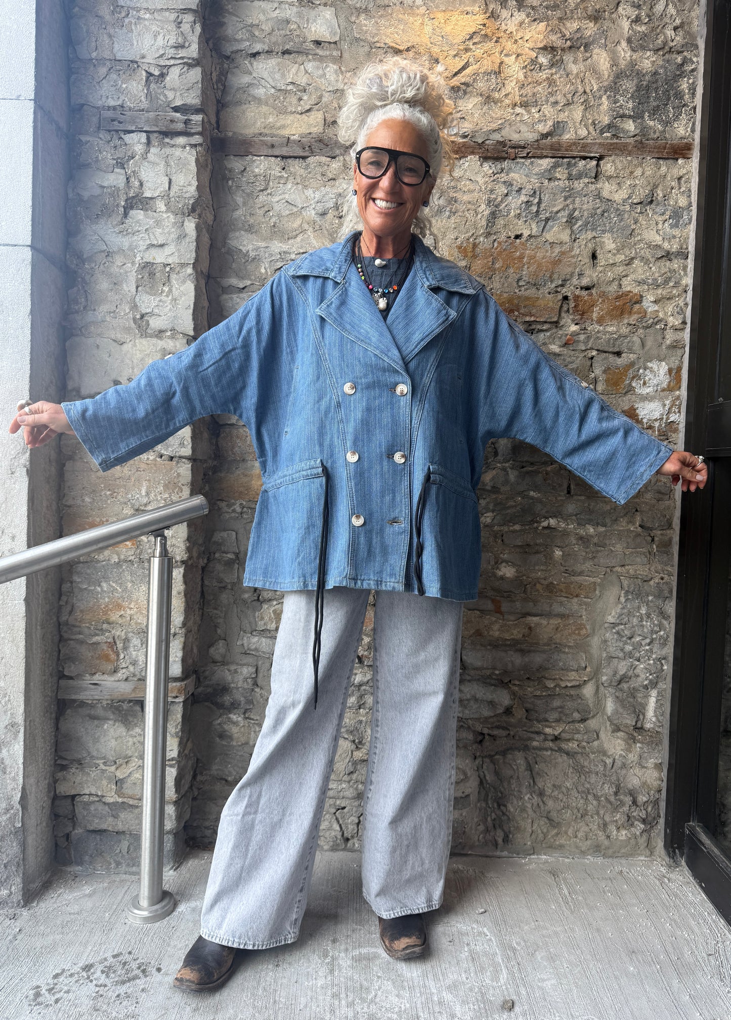 Light Wash Denim Car Coat Jacket with Draw String Waist