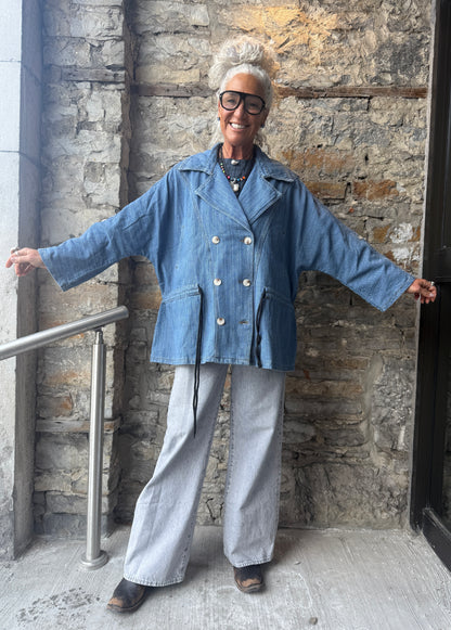 Light Wash Denim Car Coat Jacket with Draw String Waist