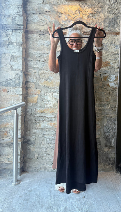 Ribbed Cotton Long Tank Dress - BLACK
