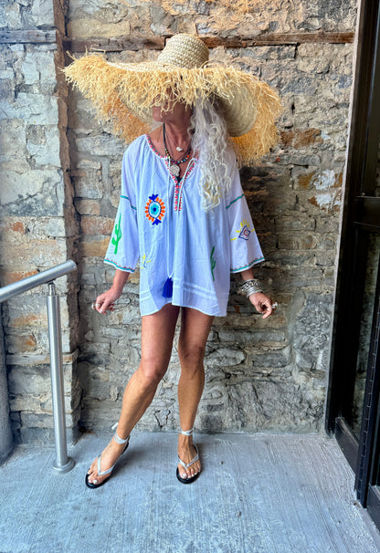 One Size 100% Lightweight Cotton White Tunic Top - Multi colour embroidery