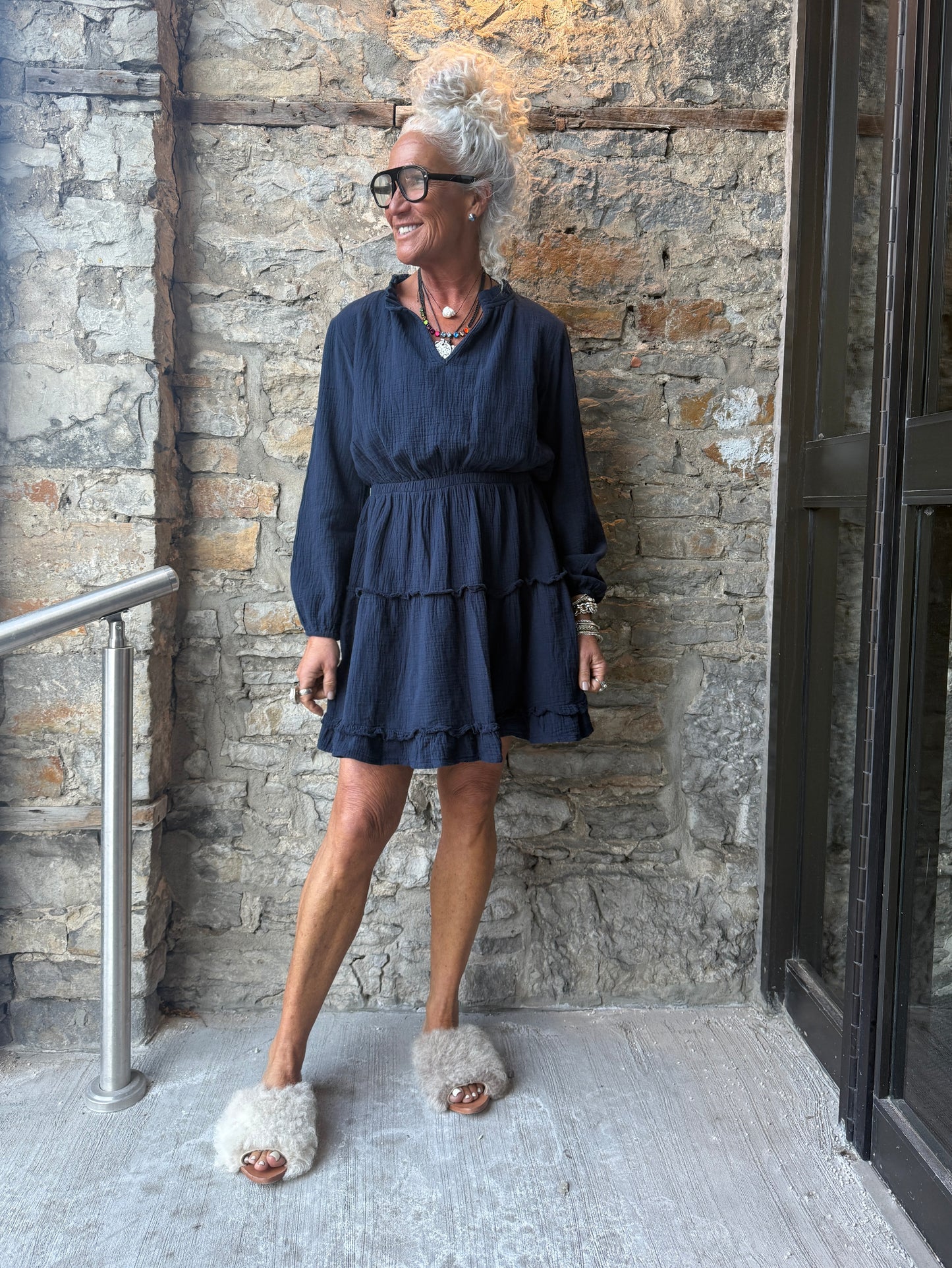 100% waffle cotton tiered long sleeve dress- NAVY BLUE
