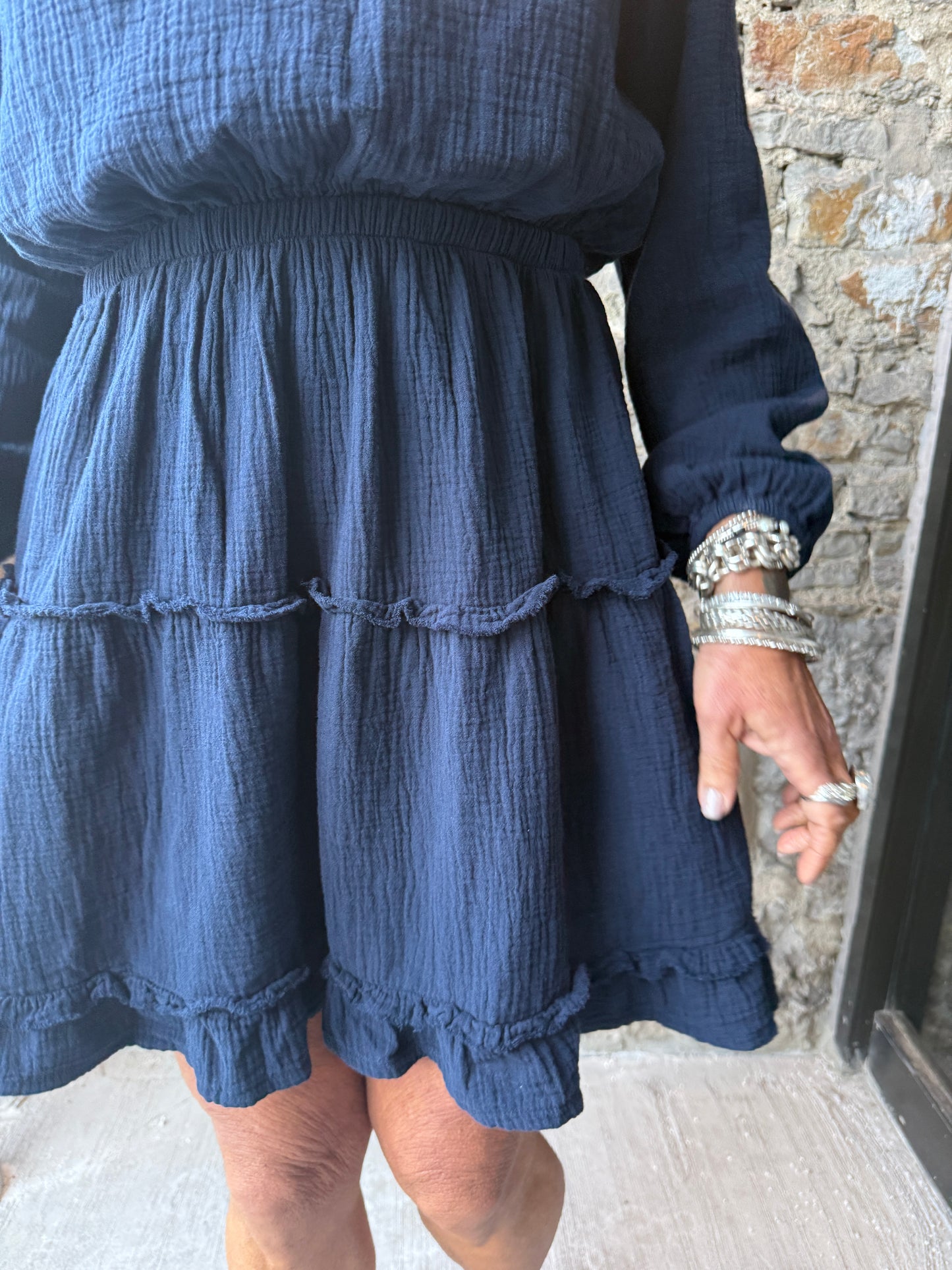 100% waffle cotton tiered long sleeve dress- NAVY BLUE