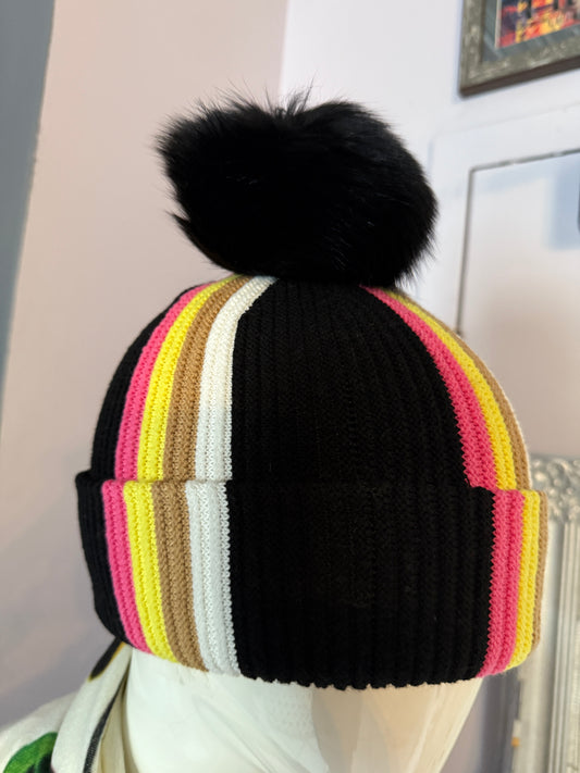 Retro Colour Combo Ribbed Knit Beanie with Removable Black Pom Pom