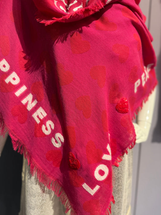 Pink Love Peace Happiness Scarf with Sequin Heart Detail