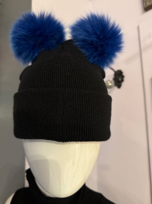 Black knitted beanie with blue fur pom poms