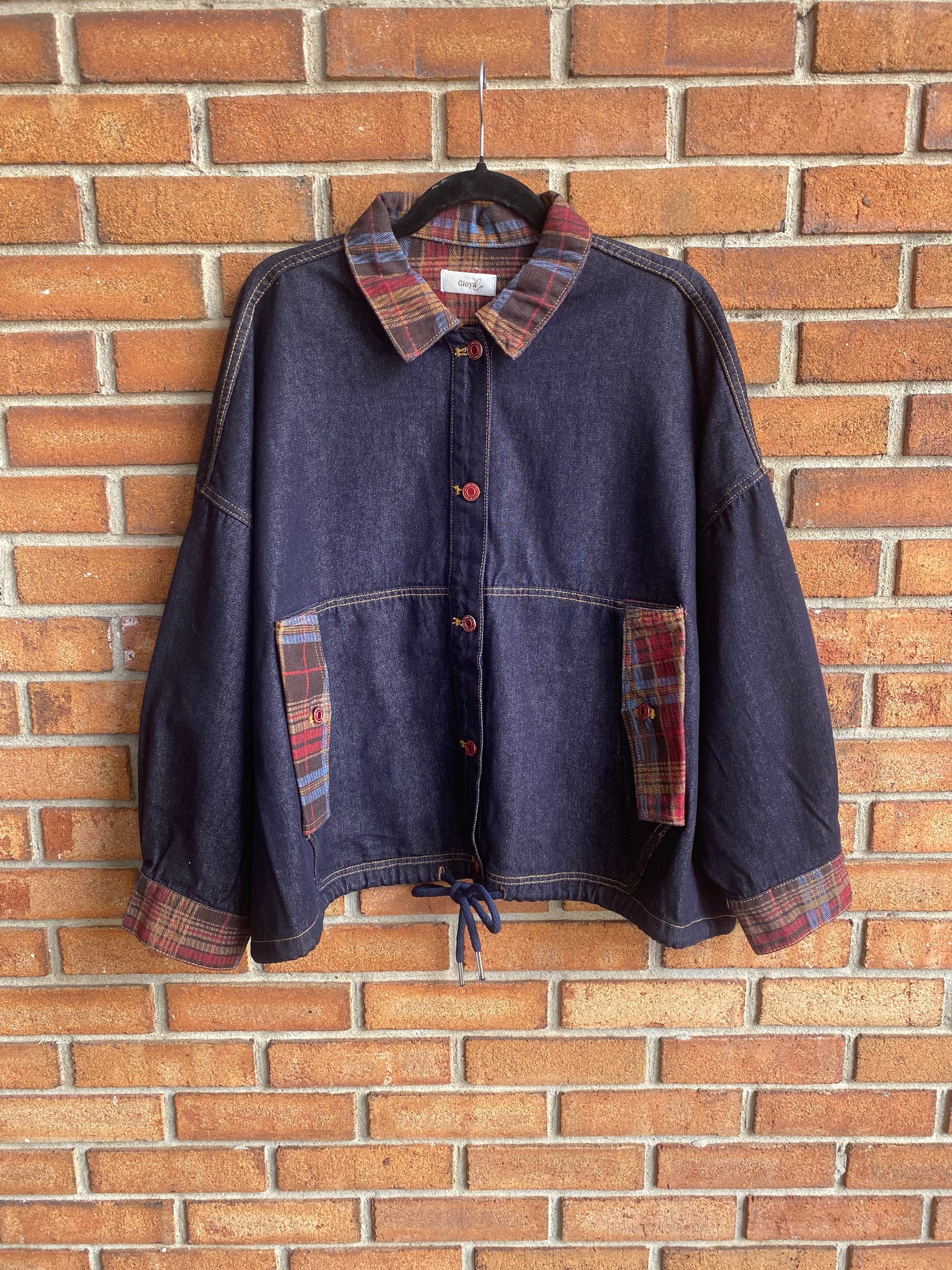 Oversized Denim & Plaid Drawstring Jacket