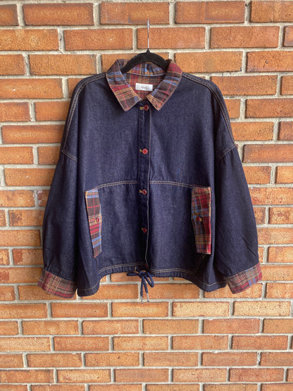 Oversized Denim & Plaid Drawstring Jacket