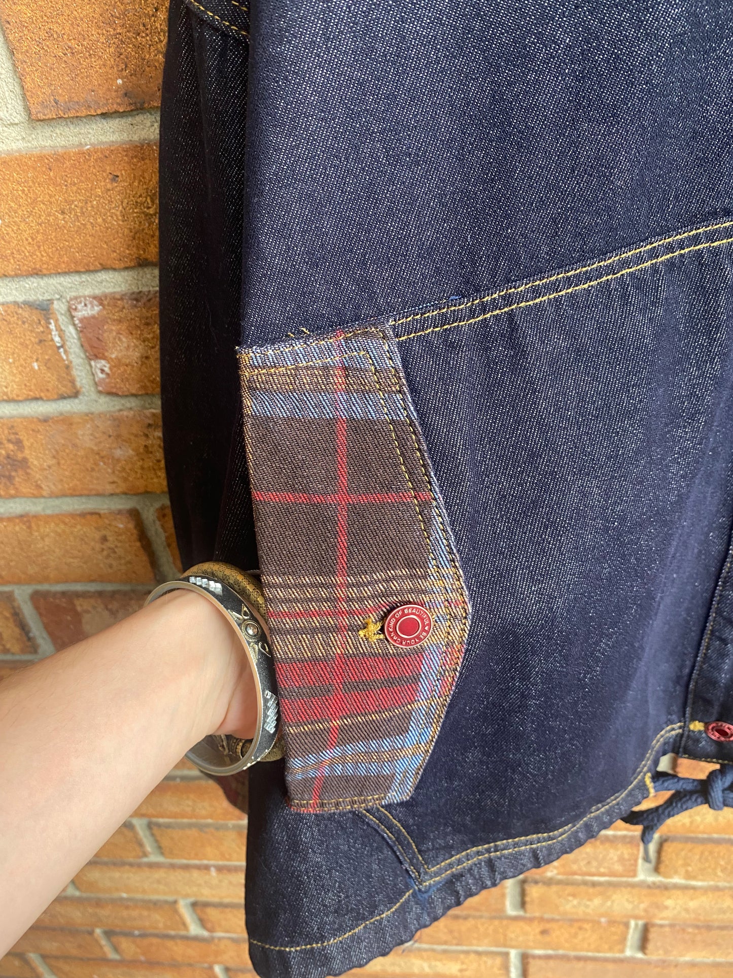 Oversized Denim & Plaid Drawstring Jacket