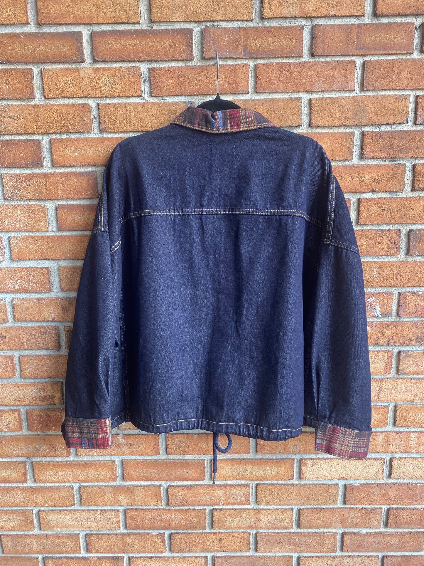 Oversized Denim & Plaid Drawstring Jacket