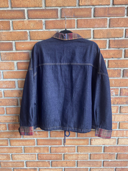Oversized Denim & Plaid Drawstring Jacket