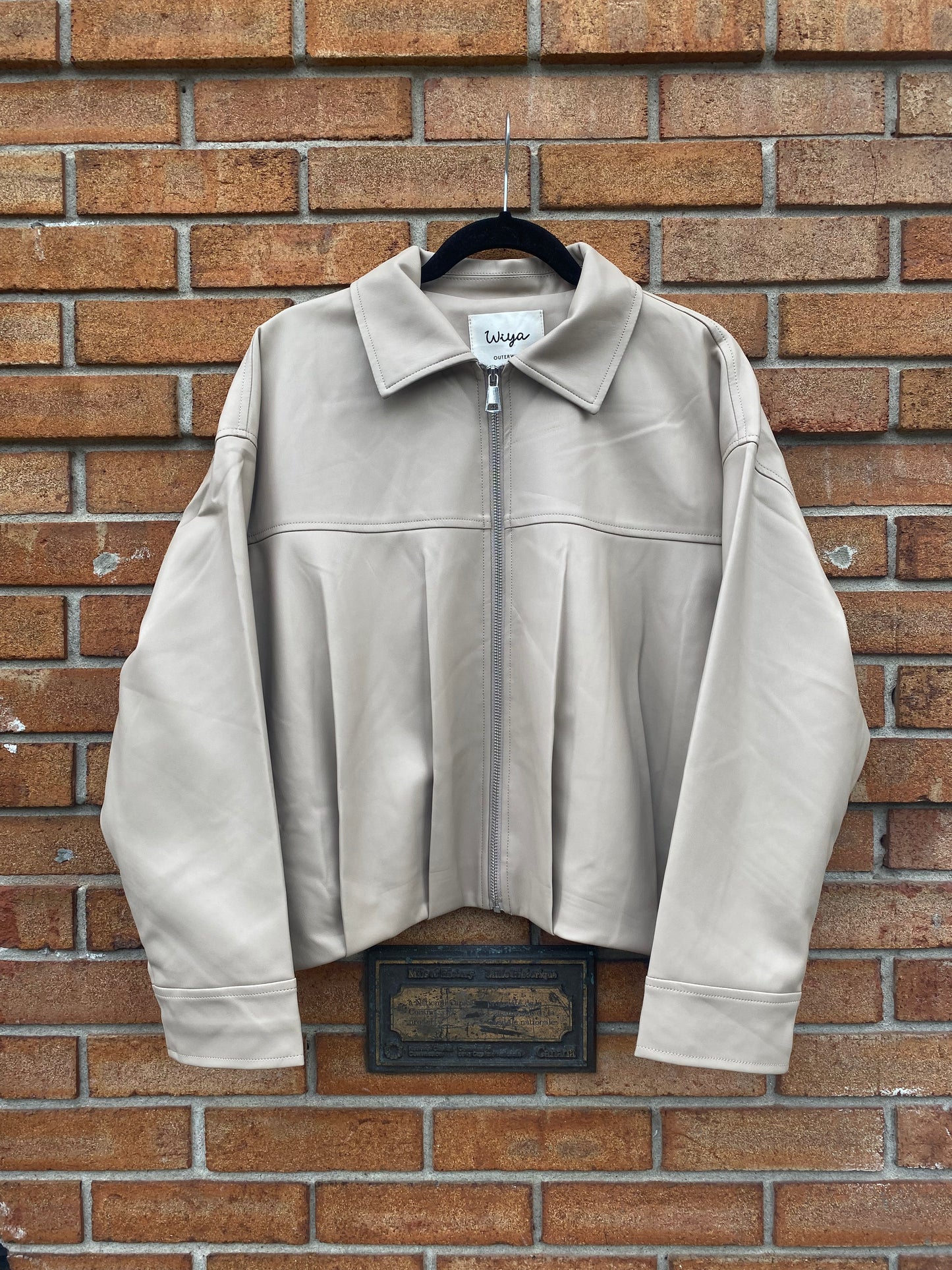 Pleather Bomber Jacket - BEIGE