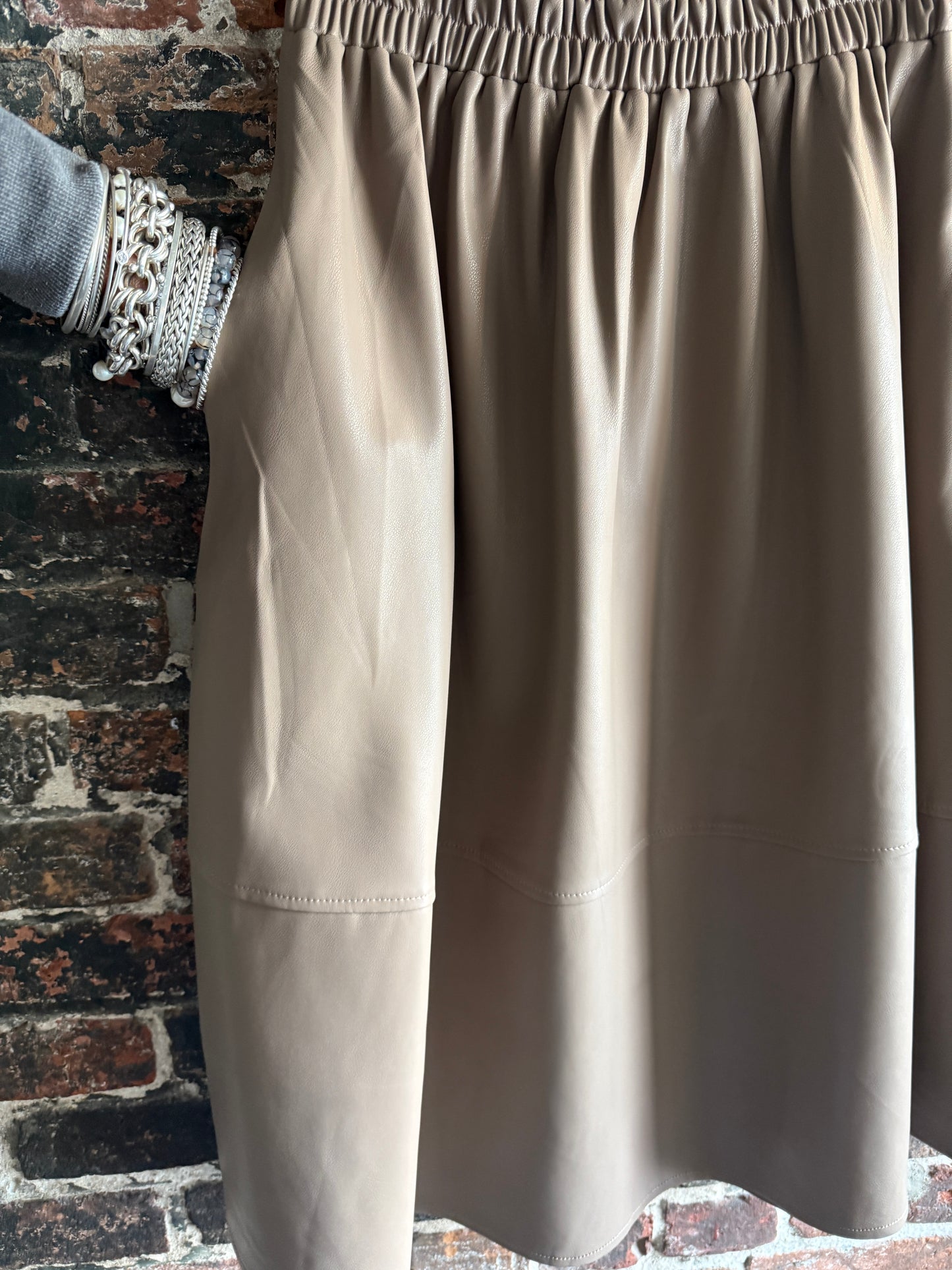 Pleather Midi Skirt with Pockets- TAUPE