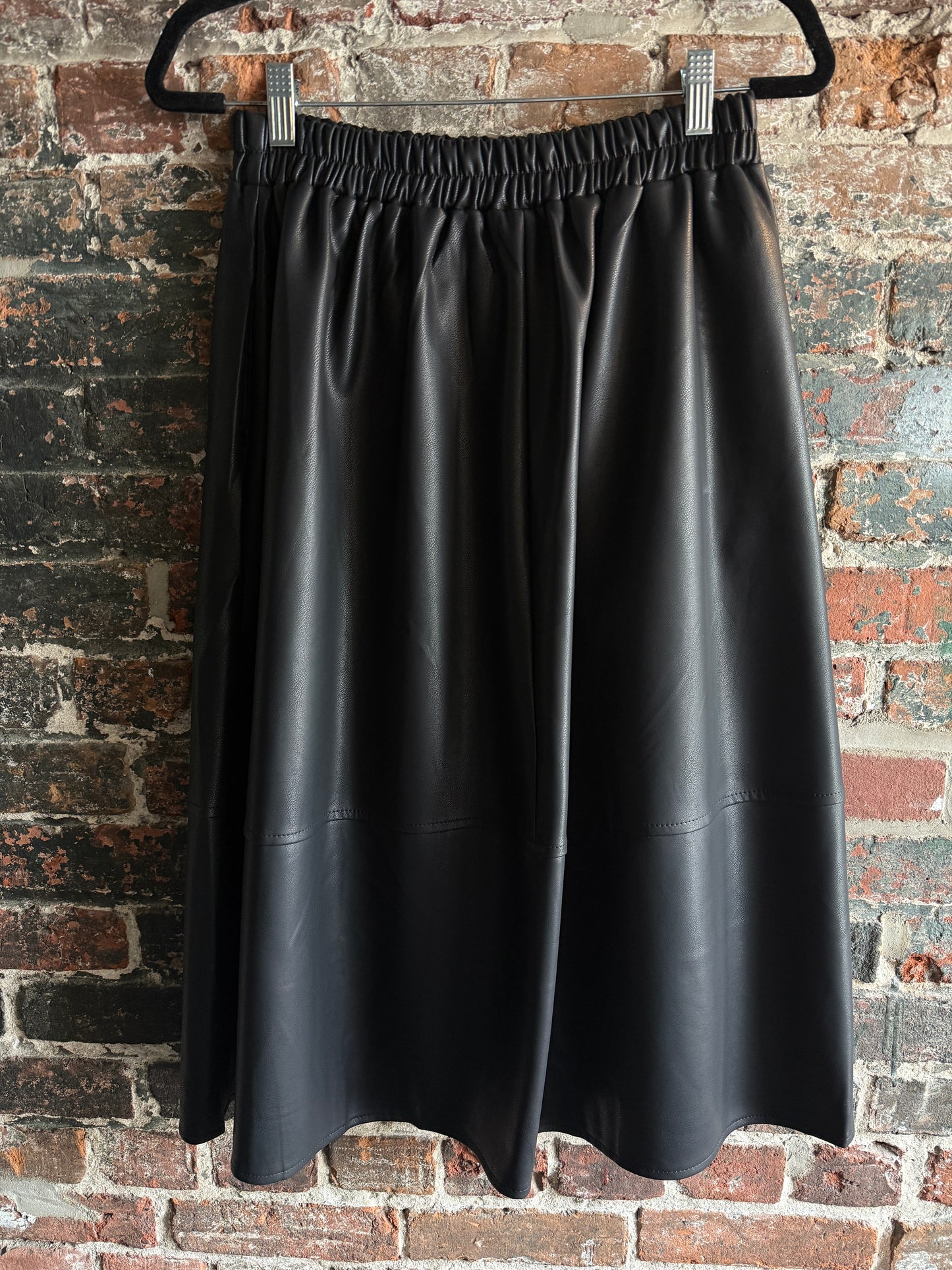 Pleather Midi Skirt with Pockets- BLACK