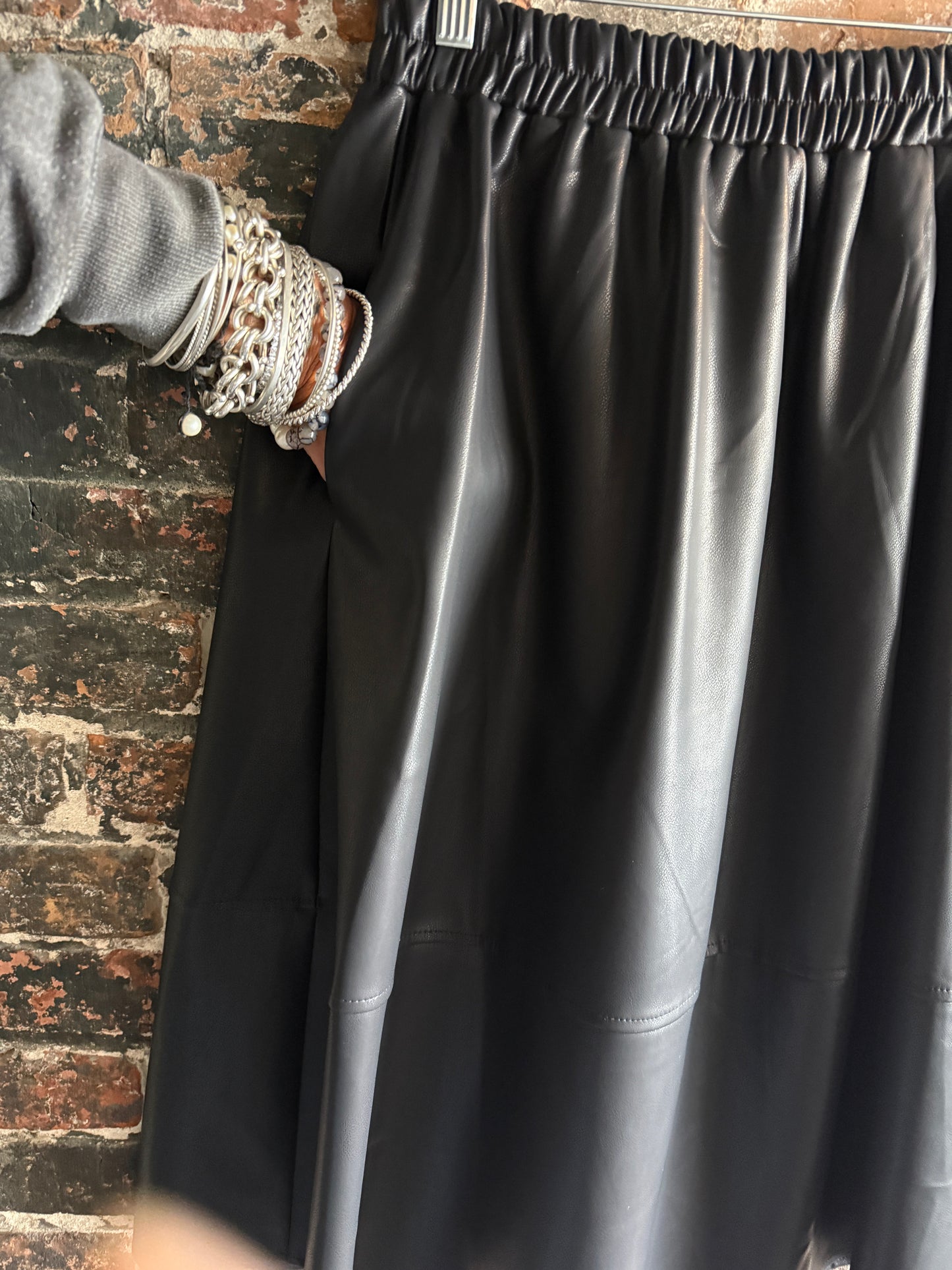 Pleather Midi Skirt with Pockets- BLACK