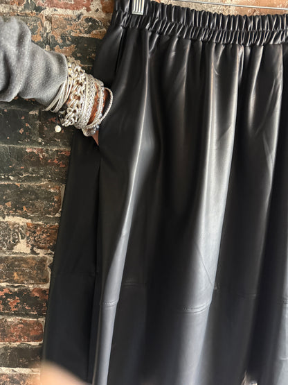 Pleather Midi Skirt with Pockets- BLACK