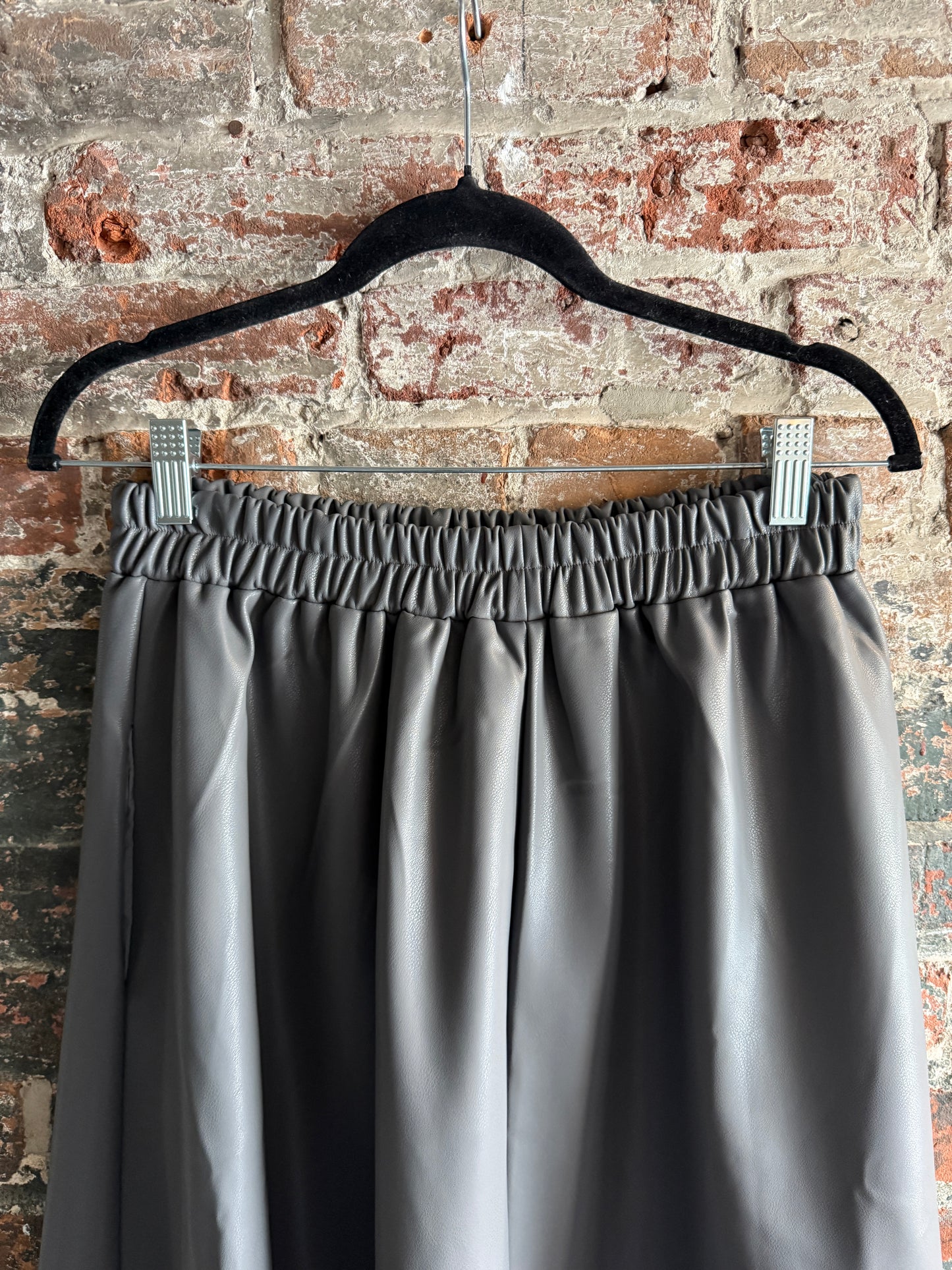 Pleather Midi Skirt with Pockets- GREY