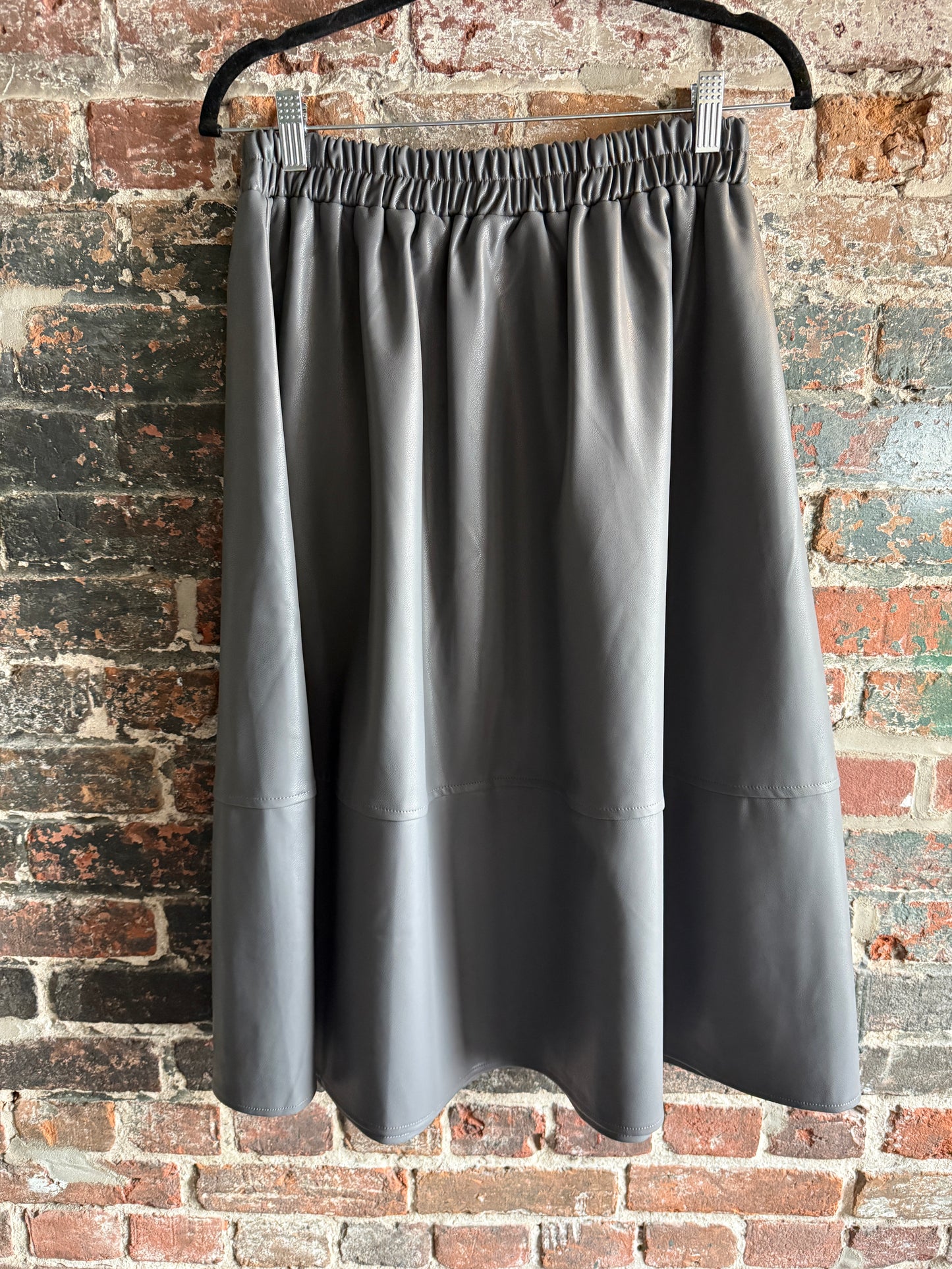 Pleather Midi Skirt with Pockets- GREY
