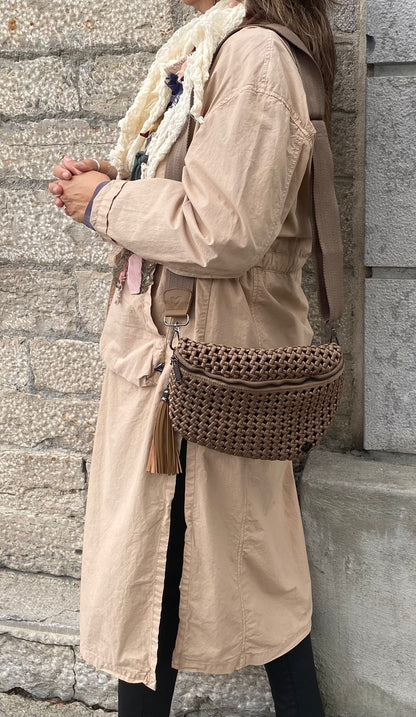 Woven Hand Knotted Crossbody Bag - DARK KHAKI