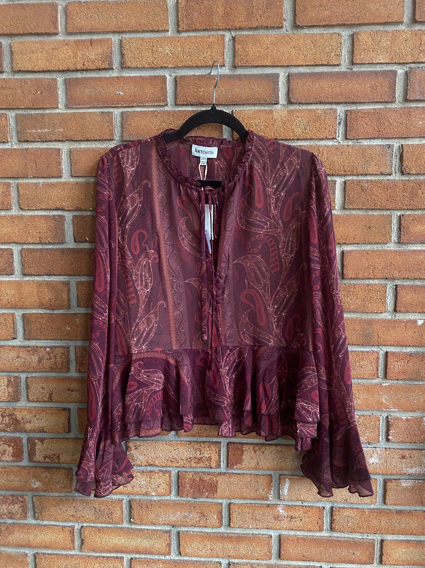 Long Sleeve Patterned Ruffle Top - BURGUNDY