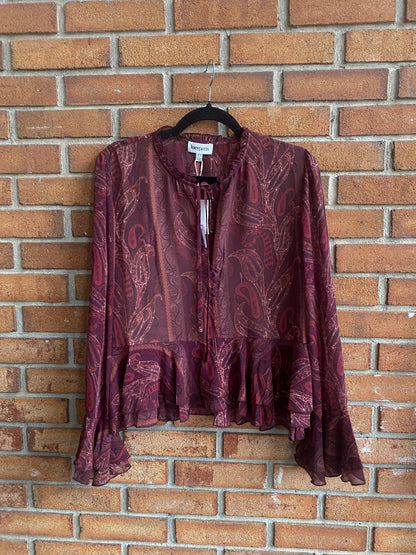 Long Sleeve Patterned Ruffle Top - BURGUNDY
