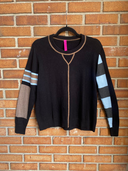 Cotton Cashmere Striped Sleeve Sweater- BLACK, TAN, BLUE
