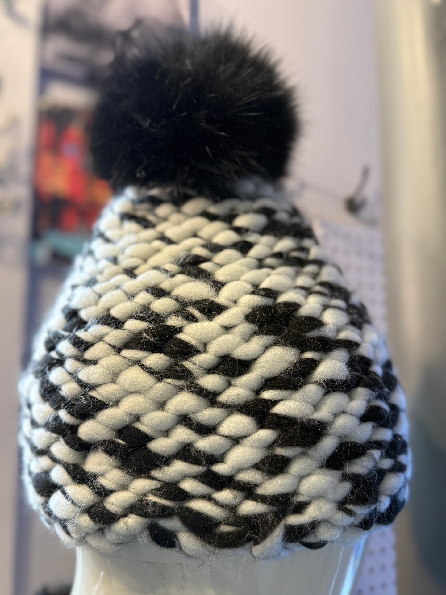 Chunky Hand Knit Toque with removable black pom pom - Black and White