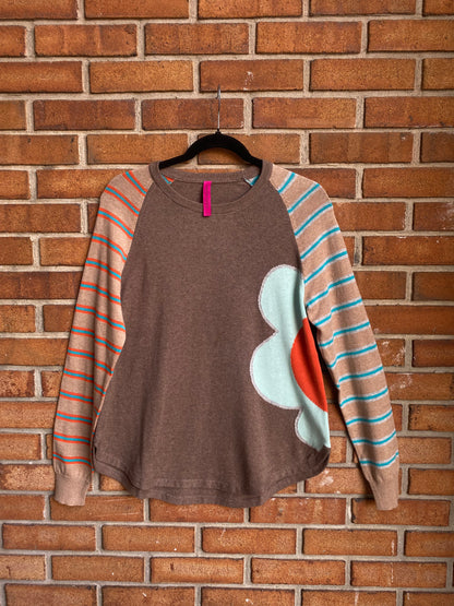 Cotton Cashmere Striped Flower Sweater - TAN, BLUE, ORANGE