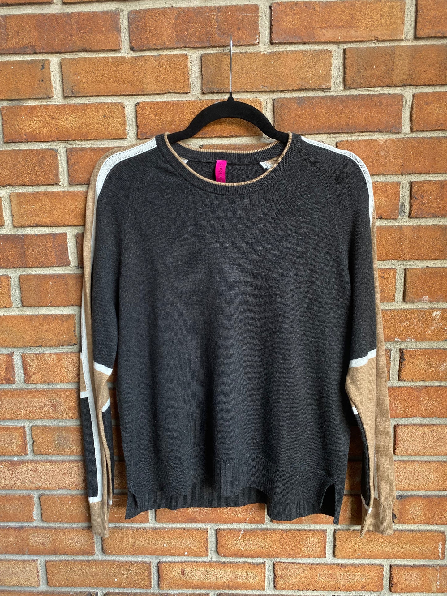 Cotton Cashmere Colour Block Sweater - CHARCOAL, TAN