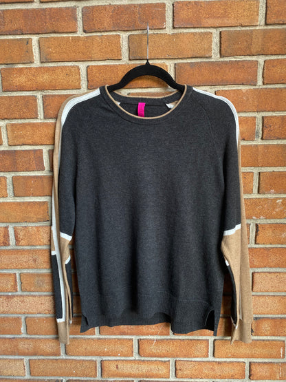 Cotton Cashmere Colour Block Sweater - CHARCOAL, TAN