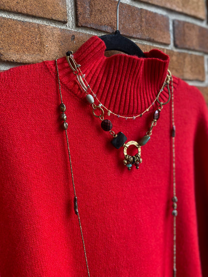 19" Hammered Brass Necklace with Glass Beads on Leather Chord-multi colour stones gold