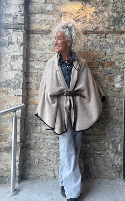 Cashmere Knit Cardigan Poncho - Oatmeal with Black Trim