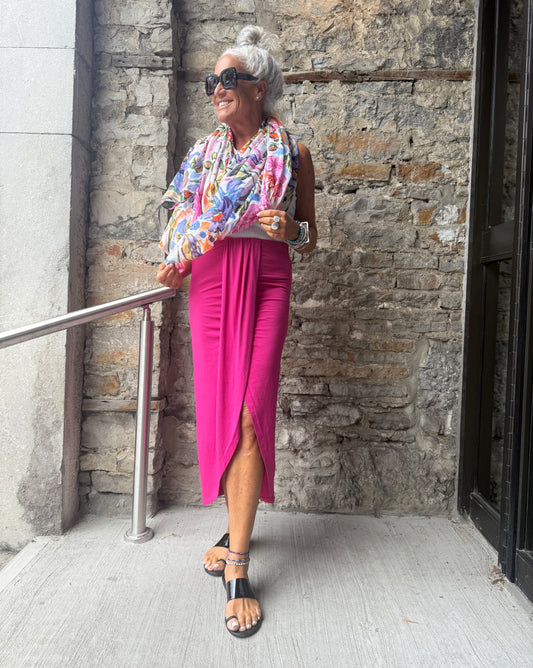 Draped Fitted Stretch Maxi Skirt - Pink